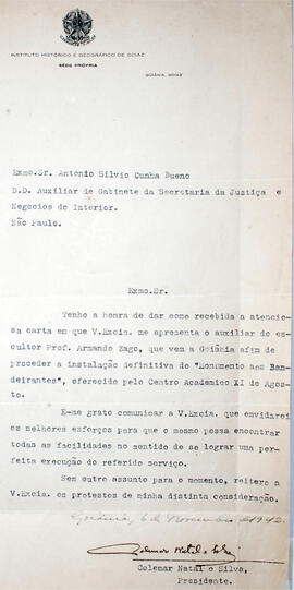 Carta de Colemar Natal e Silva, presidente do Instituto Hisórico e Geográfico de Goiás, ao Sr. Cu...