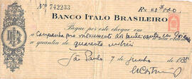 Folha de cheque n. 742233 do Banco Italo Brasileiro, no valor de R$ 40$000 (quarenta mil réis), e...