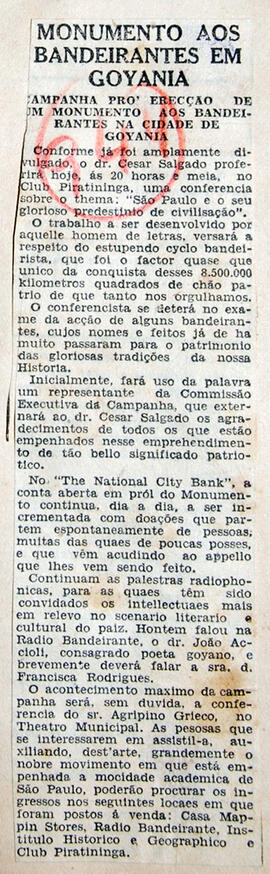 Recorte de jornal [O Estado de S. Paulo?], divulga  a conta no "The National City Bank", para dep...