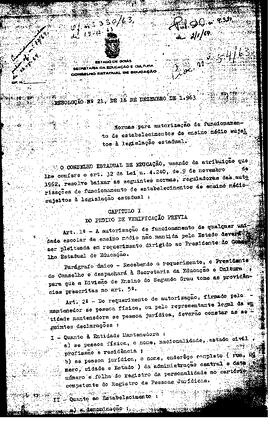 Resolução n. 21 de 16 de dez. de 1963 : Normas para autorização de funcionamento de estabelecimen...