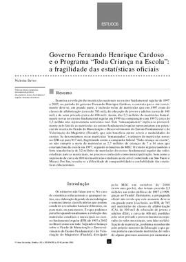 Governo Fernando Henrique Cardoso e o Programa “Toda Criança na Escola”: a fragilidade das estatí...