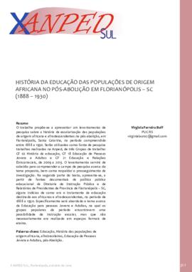 História da educação das populações de origem africana no pós‐abolição em Florianópolis – SC  (18...