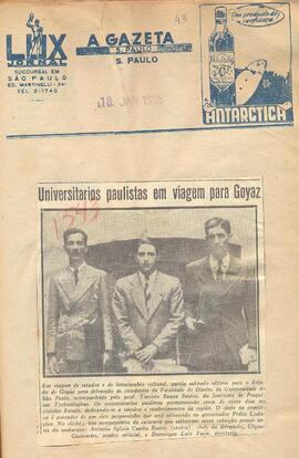 Recorte do jornal "A Gazeta", sobre a Embaixada Universitária Paulista em viagem à Goiás, acompan...