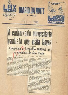Recorte do Jornal "Diario da Noite", sobre a chegada e a recepção da Embaixada Universitária Paul...