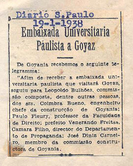 Recorte do jornal "Diario de São Paulo" trancreve telegrama recebido de Goiânia sobre a comissão ...