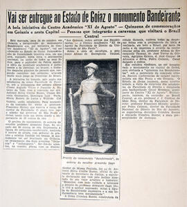Recorte de jornal [?], anuncia a inauguração do Monumento aos Bandeirantes em Goiânia para o dia ...