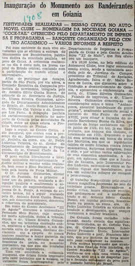 Recorte de jornal [?], informa sobre o ato de inauguração do "Monumento aos Bandeirantes em Goiân...