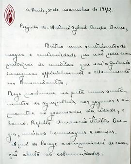 Carta de Francisco Morato a Antonio Sylvio Cunha Bueno em que se desculpa por não ir à Goiânia pa...