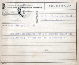 Telegrama do Sr. Venerando Freitas Borges, prefeito de Goiânia, ao Dr. Cunha Bueno, comunicando a...