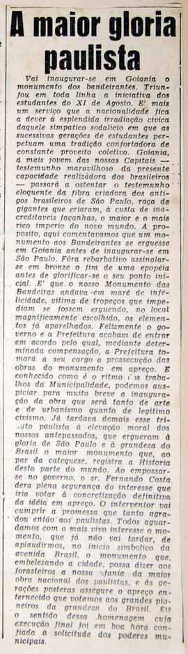 Recorte de jornal [?], anuncia a inauguração do monumento aos bandeirantes em Goiânia, ressaltand...