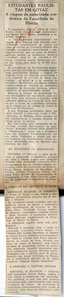 Recorte do Jornal "A Gazeta", sobre o caminho percorrido durante a viagem da Embaixada Universitá...