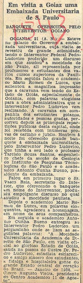 Recorte do "Jornal do Brasil", sobre o banquete oferecido pelo Interventor Federal à Embaixada Un...