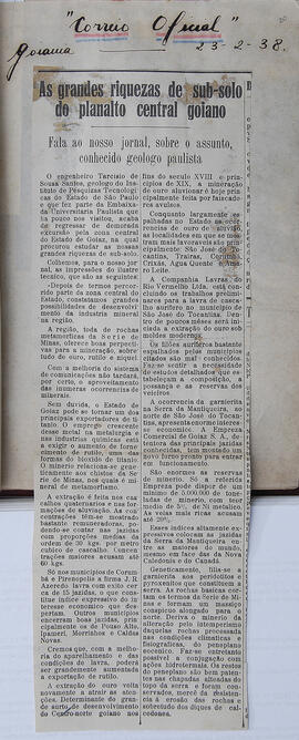 Recorte do jornal "Correio Oficial", com a fala do geologo Tarcisio de Sousa Santos sobre as gran...
