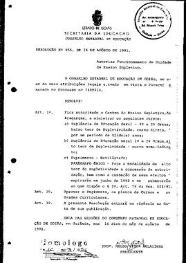 Resolução n. 55 de 16 de ago. de 1991 : Autoriza Funcionamento de Unidade de ensino Supletivo, Ce...